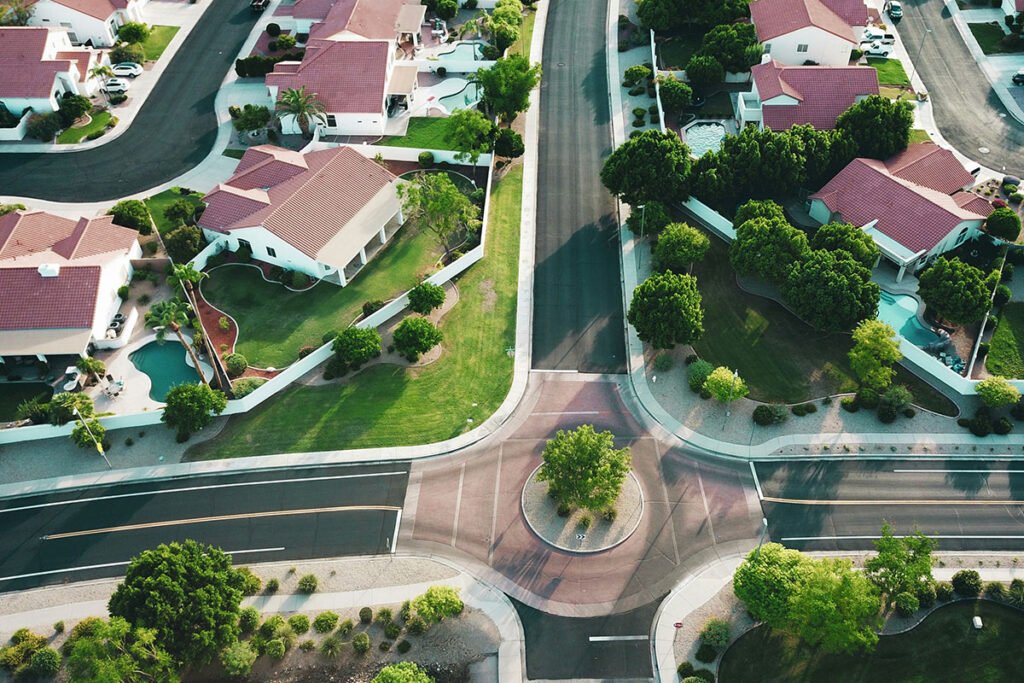 overhead drone shot of a cookie-cutter neighborhood in Glendale, USA.