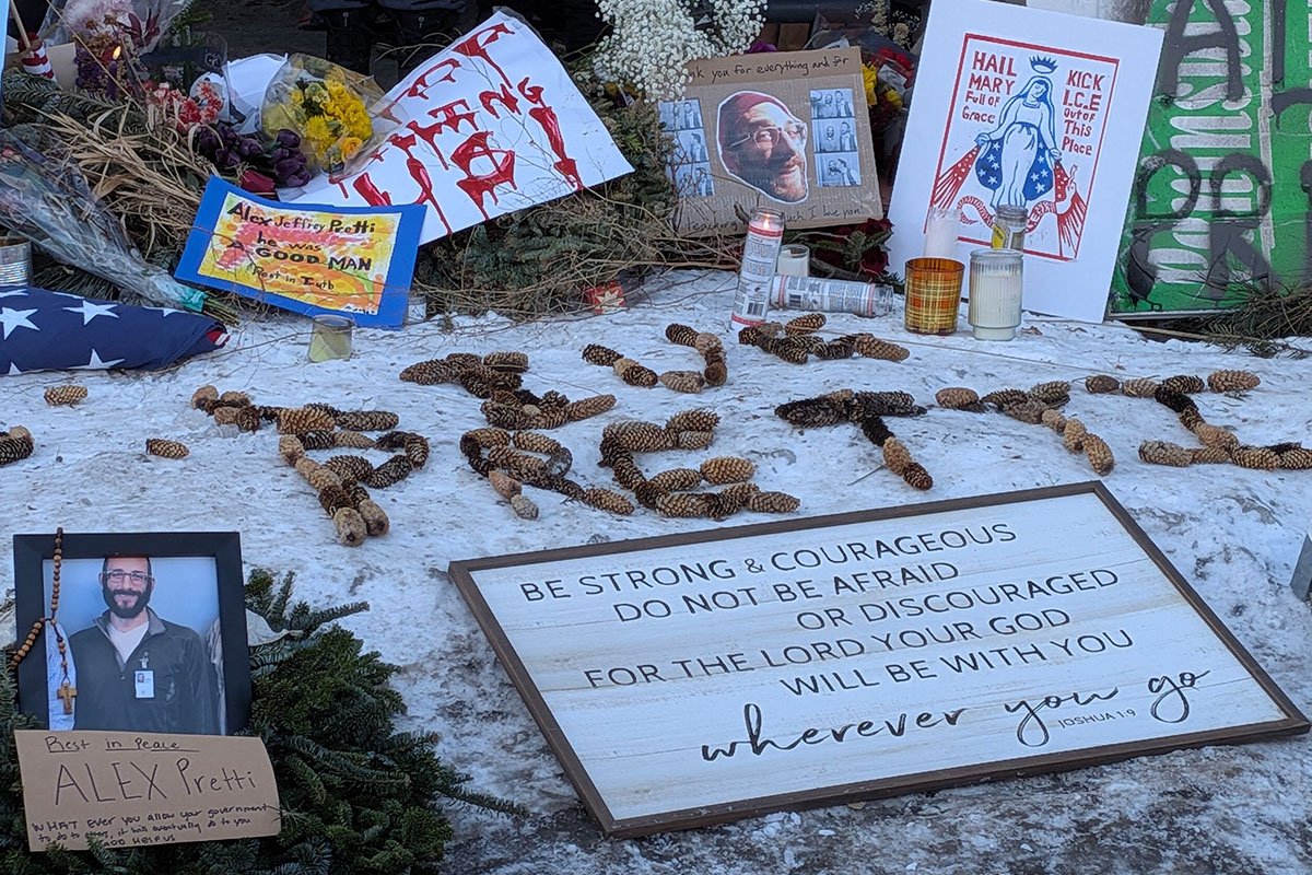 A memorial site for Alex Pretti, showing an outpour of community care.