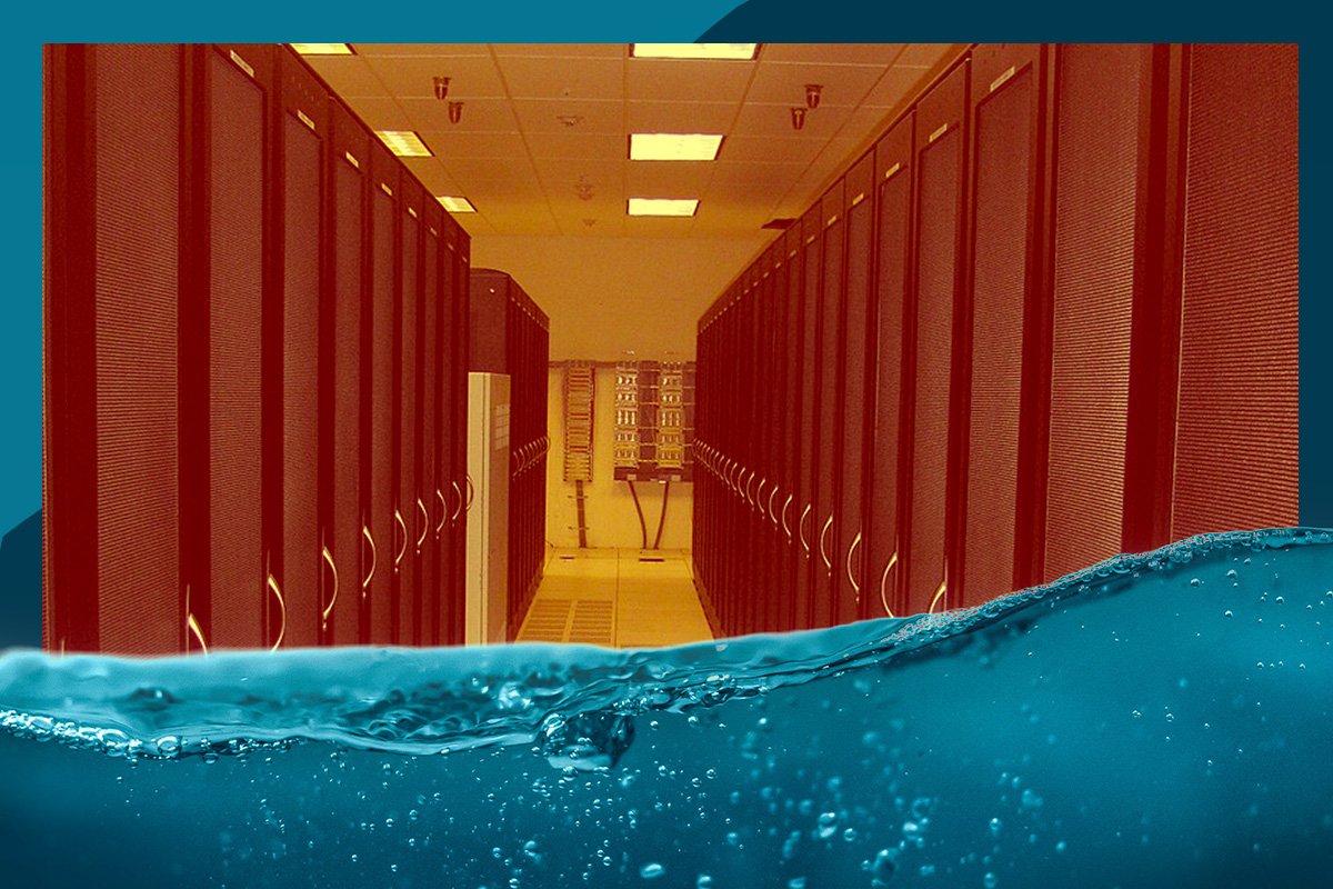 A typical cold aisle configuration with server rack fronts facing each other and cold air distributed through a raised floor. A graphic of sloshing water is superimposed in the foreground.
