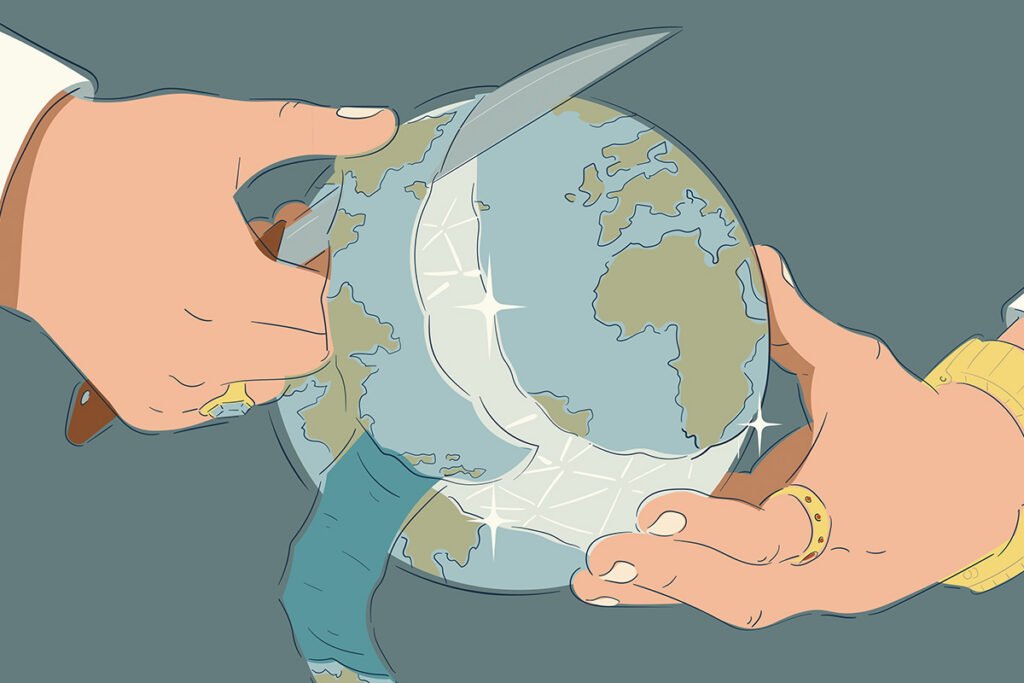 An illustration of a man’s hands peeling the earth as if it’s a fruit. The hands wear a men’s ring and gold watch.