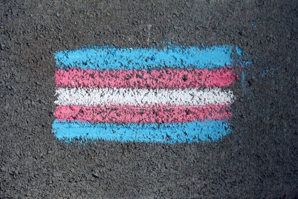 The blue, pink, and white trans flag drawn in chalk on dark pavement.