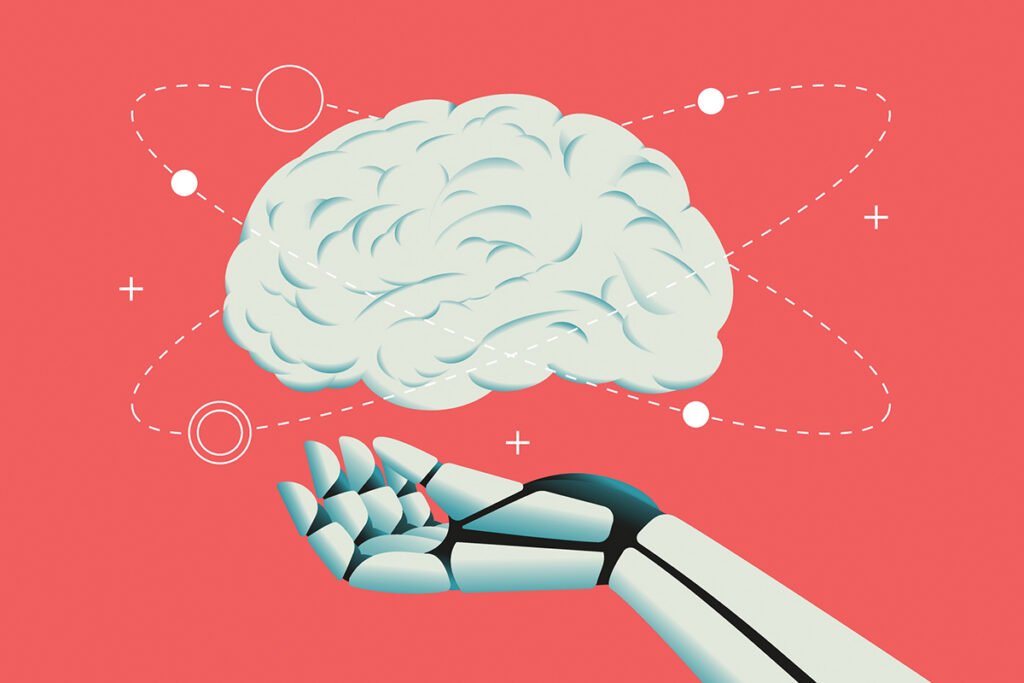 An illustration of a robot hand holding up and supporting a floating human brain.