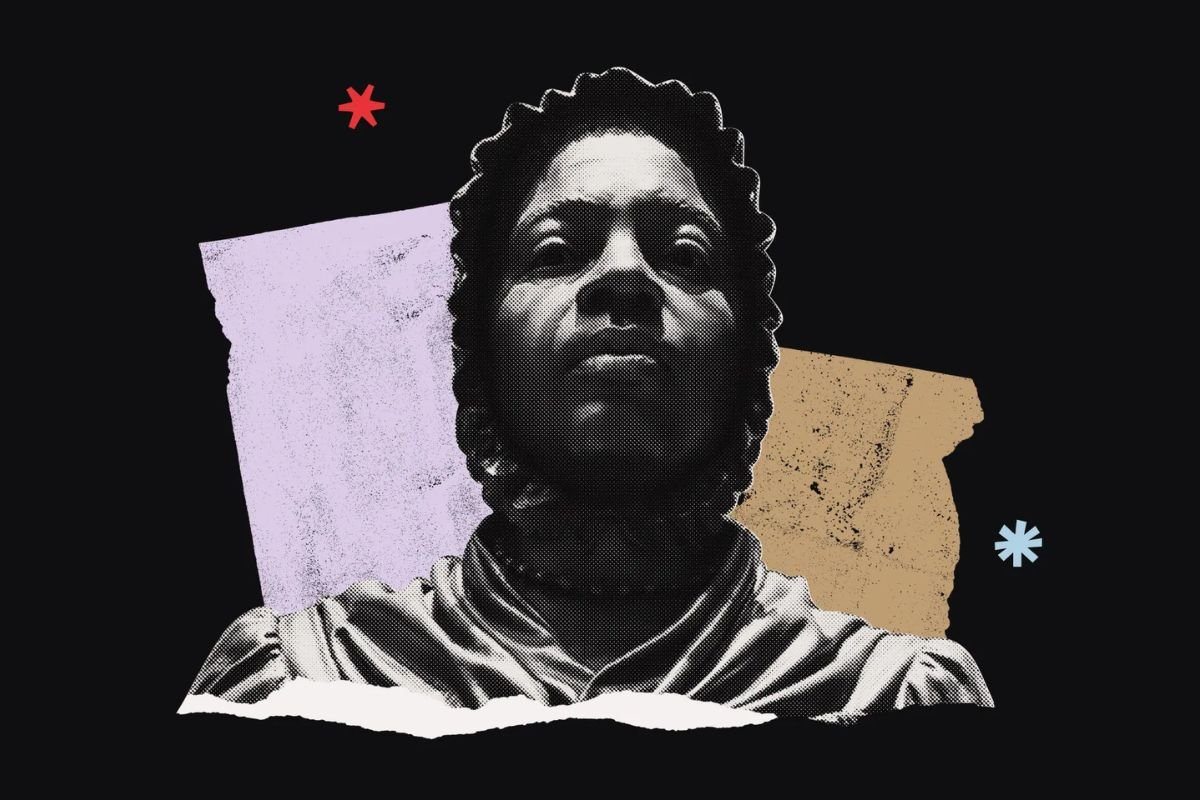 A collaged illustration including an image of the bust of Elizabeth Freeman.