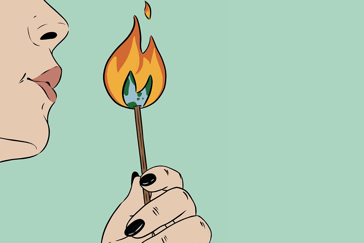 An illustration of a woman blowing out a lit match, but an illustration of the earth is peeaking out from under the flames.