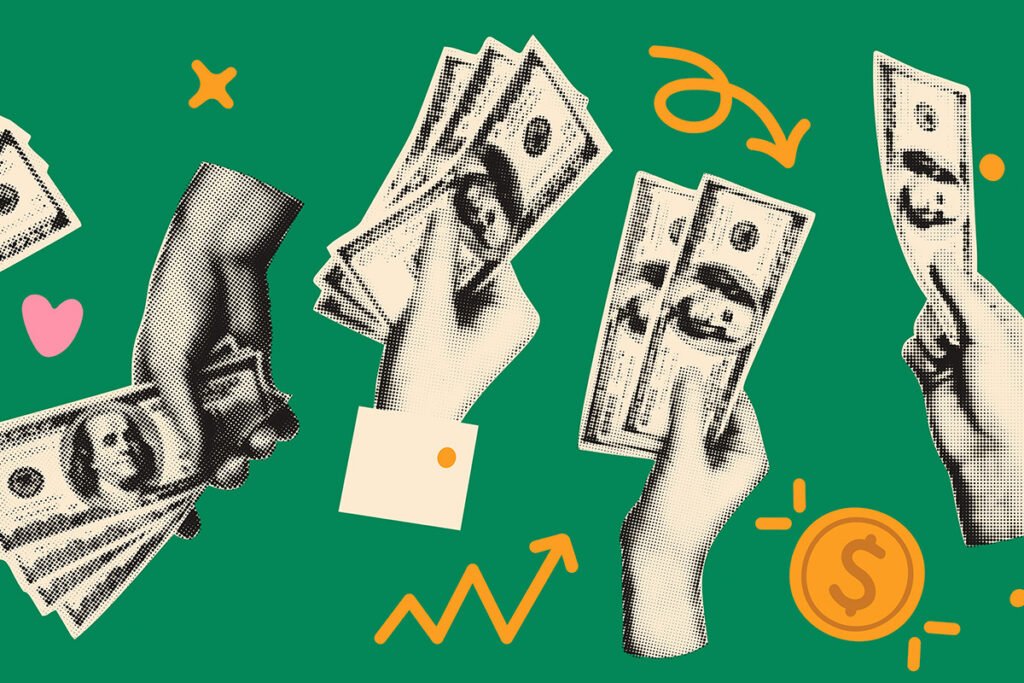 A digital illustration of four floating hands each holding varying amounts of $100 dollar bills. One hand holds four, another three, another two, and another one bill, against a green background.