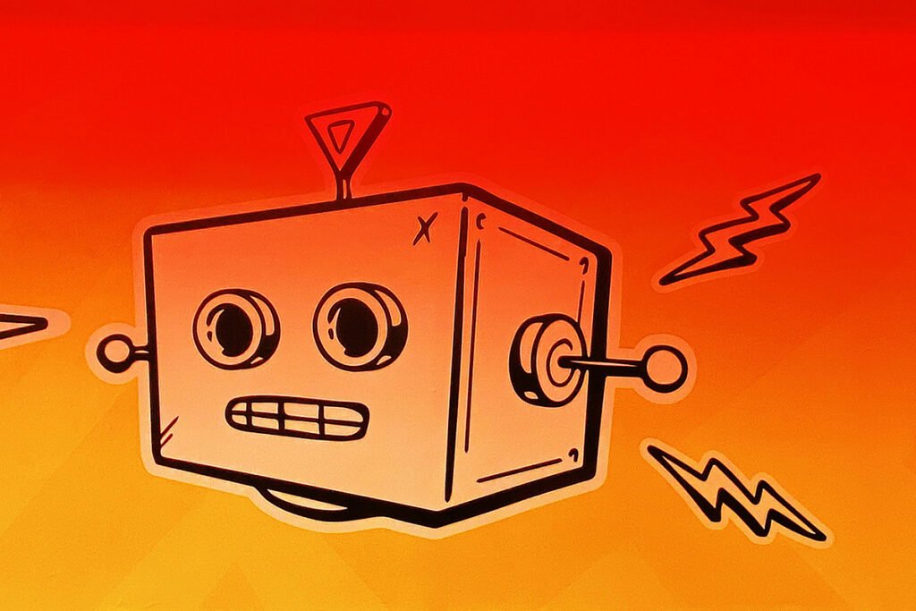 An illustrated robot face with a strained expression against a red and orange background. There are lighting emotes surrounding the robot’s face.