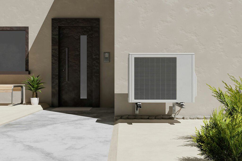 A heat pump installed on the exterior of a modern-style, stucco home.