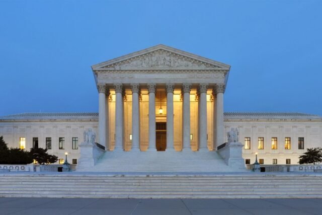 Panorama of the United States Supreme Court Building at dusk