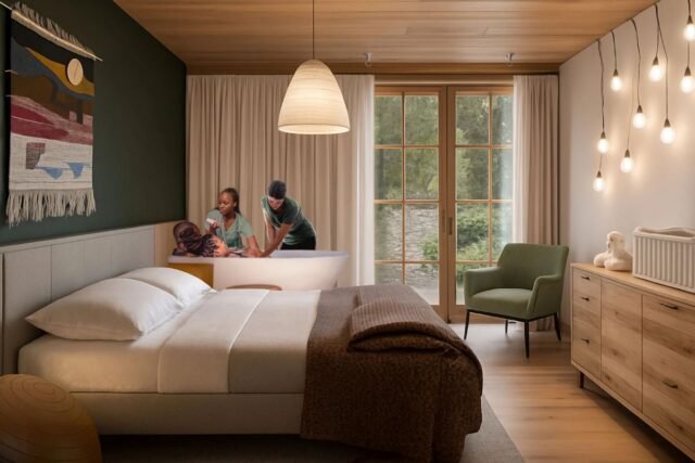 A rendering of a peaceful room, featuring a Black couple in a bathtub, being assisted in a water birth by two people.