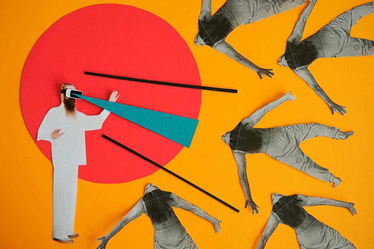 A paper collage of a bearded man in white with a narrow beam of vision pointed at cloned figures with outstretched arms.
