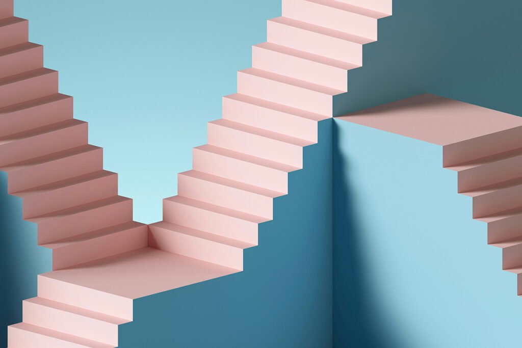 Multiple sets of blue and pink stairs that intersect and lead into each other.