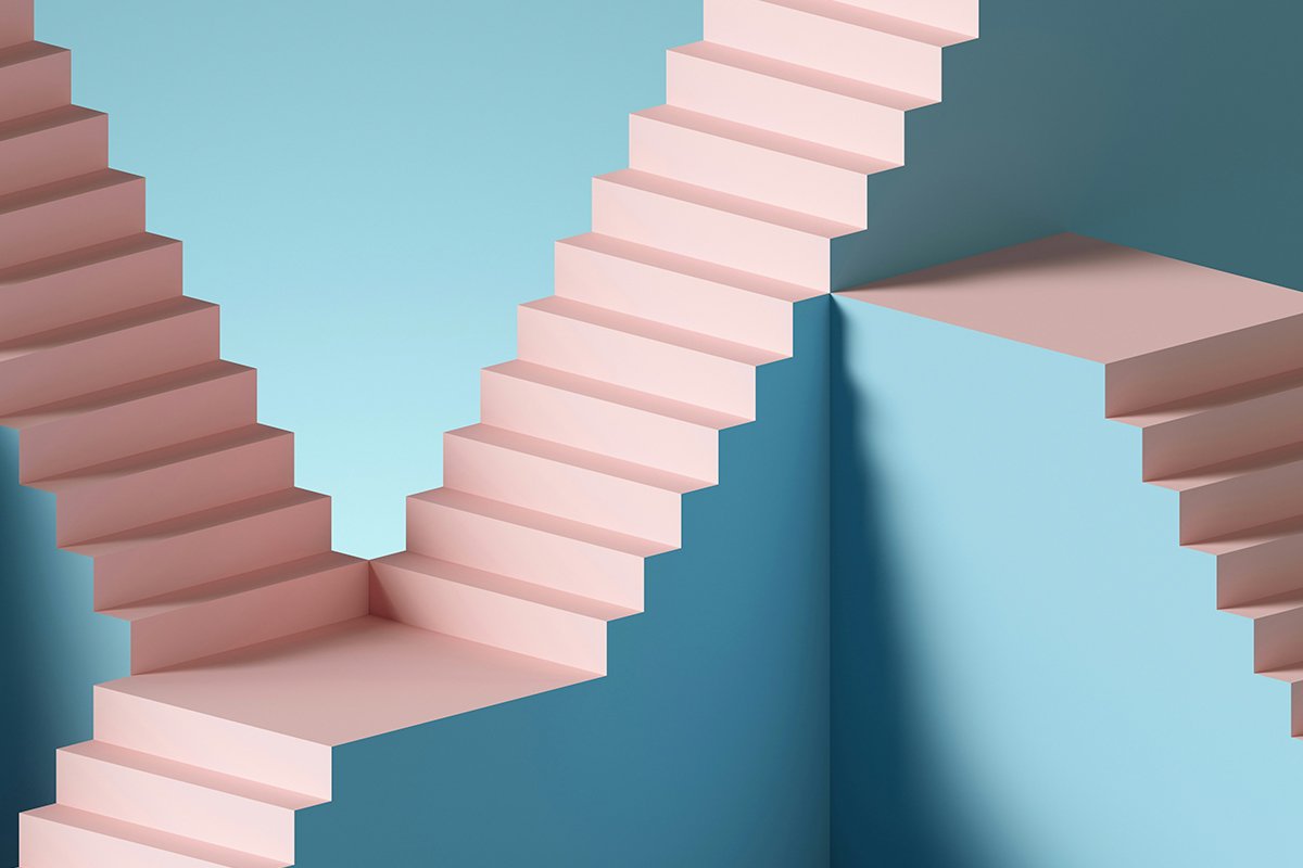 Multiple sets of blue and pink stairs that intersect and lead into each other.