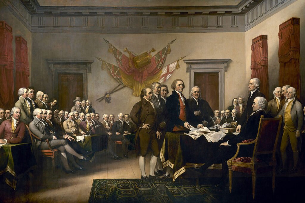 John Trumbull's painting, Declaration of Independence, depicting the five-man drafting committee of the Declaration of Independence presenting their work to the Congress.