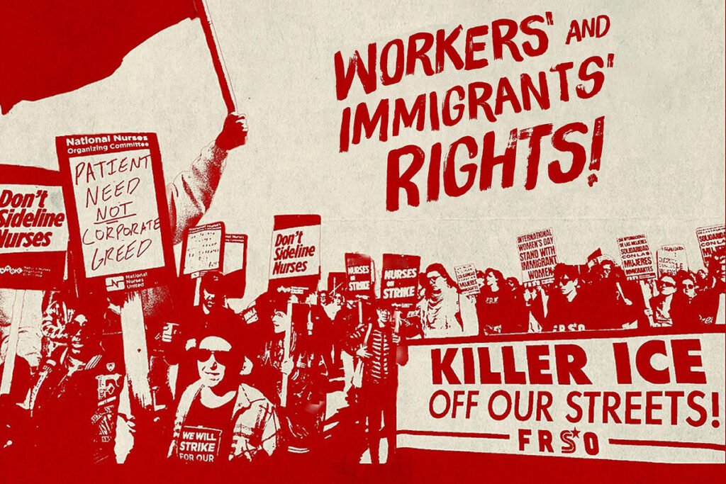 A Red and White vintage stylized flyer for a 2026 May Day protest, reading “Workers and Immigrants Rights!”