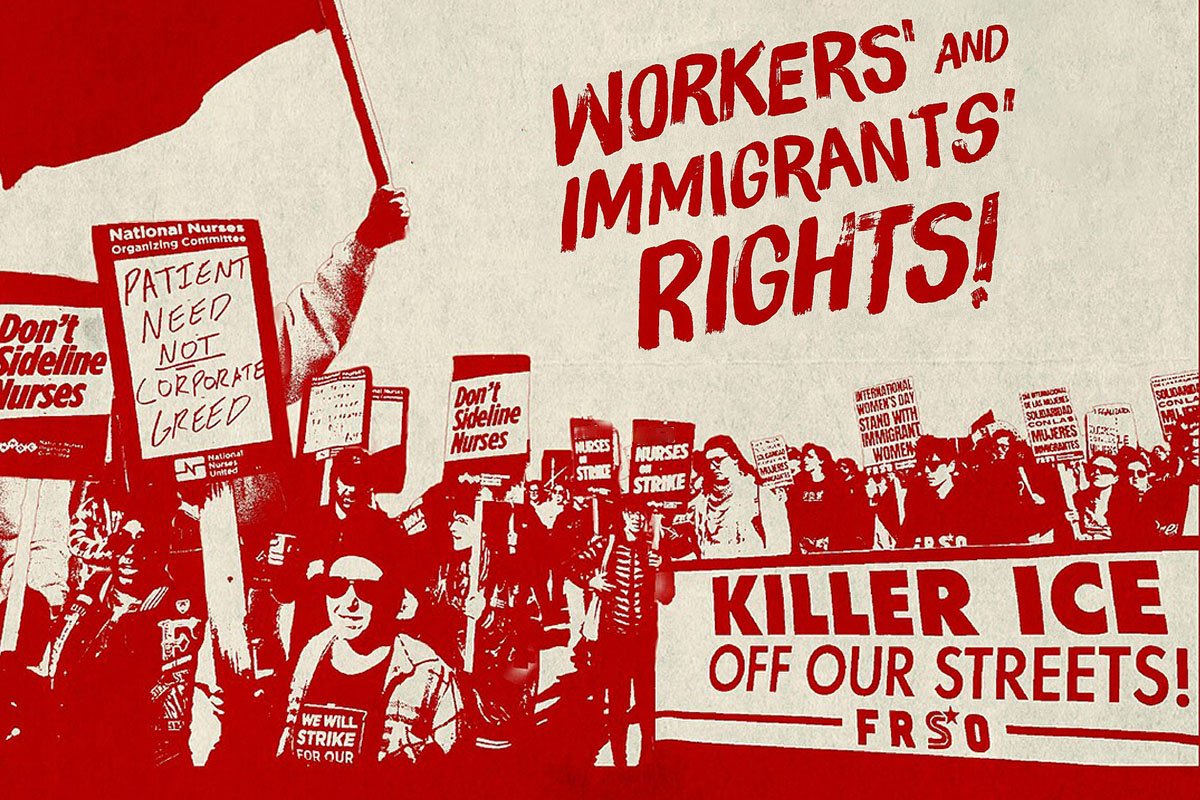 A Red and White vintage stylized flyer for a 2026 May Day protest, reading “Workers and Immigrants Rights!”