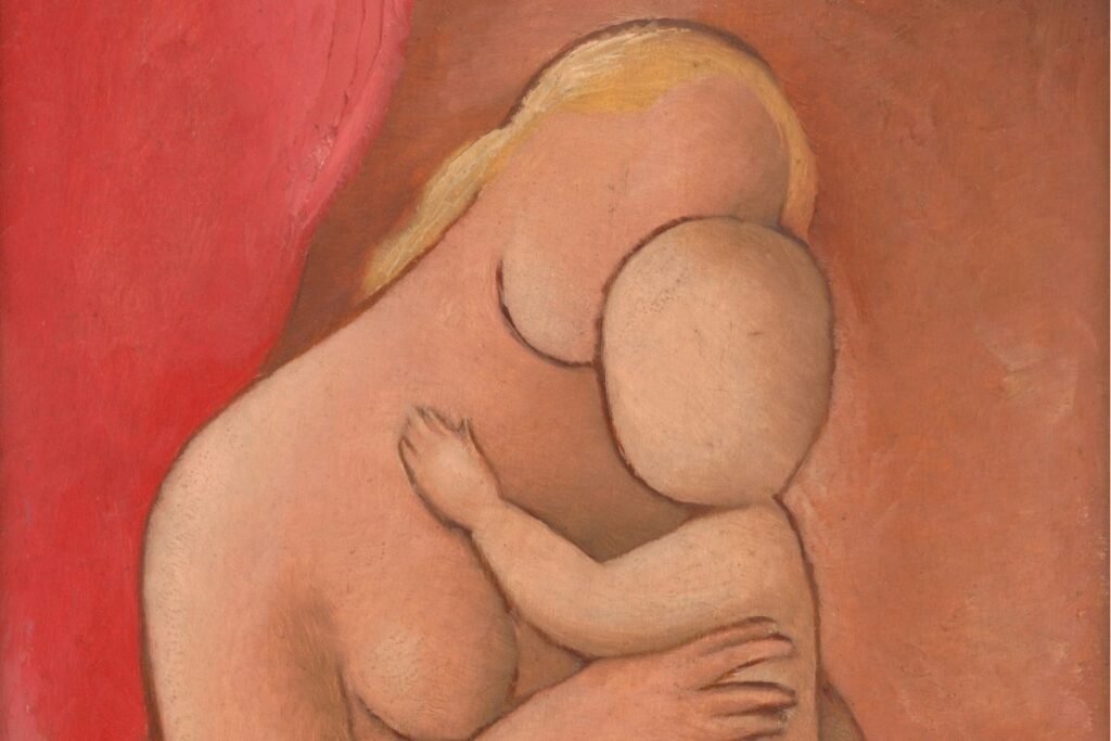 A painting of a mother holding a young child against her chest, rendered in warm tones against a red and pink background.