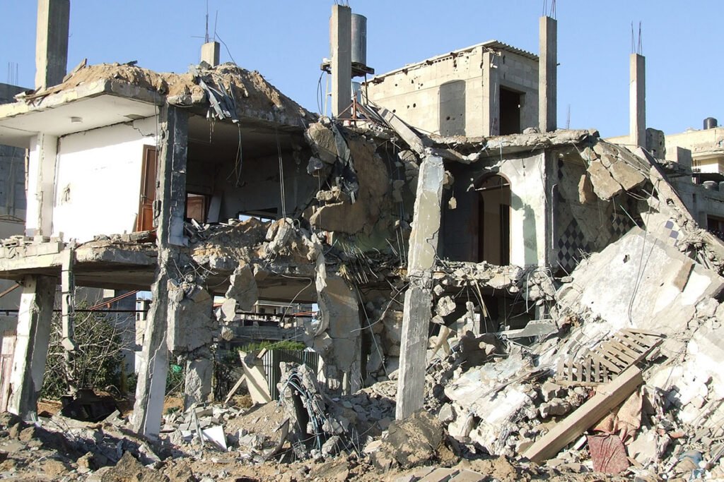 A bombed out building in the heart of Rafah, Palestine, where author Mohammed Abu Lebda is from.