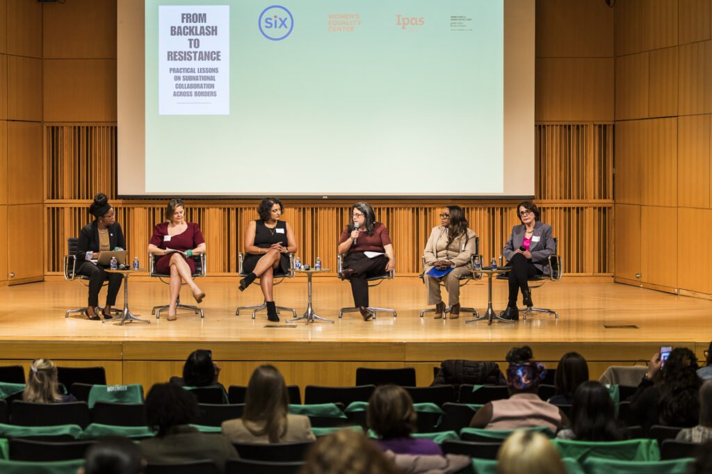 From left: SiX’s Jennifer Driver, Women’s Equality Center’s Paula Avila-Guillen, Iowa State Representative Megan Srinivas, Ipas Latin America and Caribbean’s Diana Carolina Moreno, Philadelphia Councilmember Kendra Brooks, and Diputada Patricia Mercado from Mexico’s Congress.