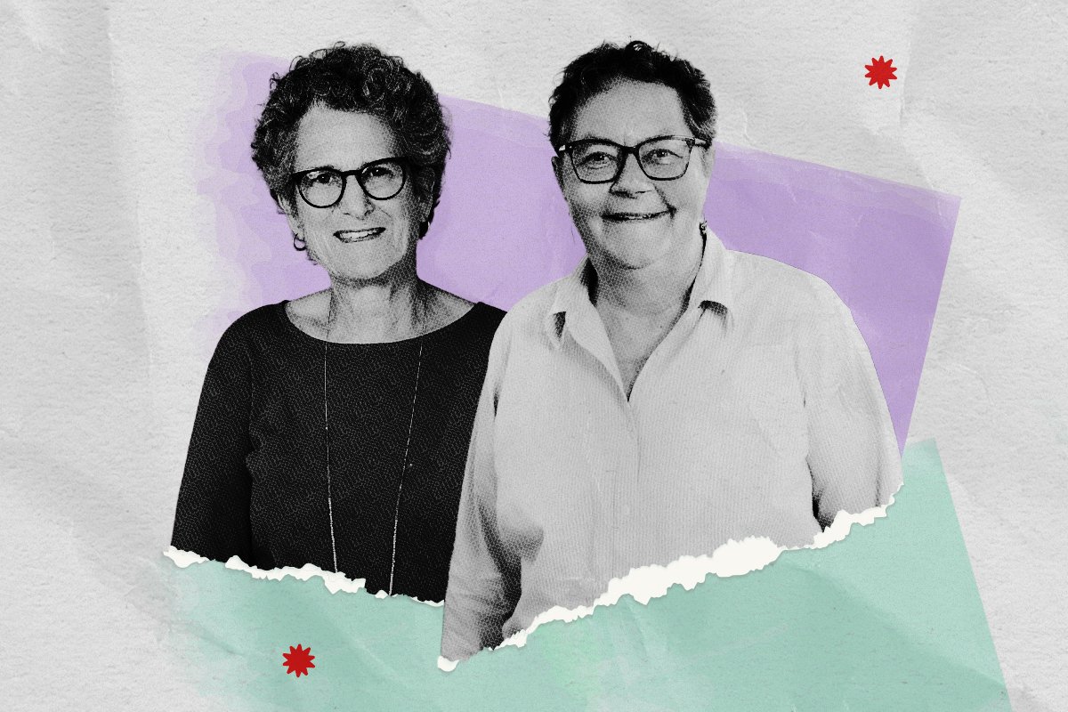 A stylized black and white portrait of Kim Klein and Stephanie Roth, set against torn paper in lavender and mint green with small red accents.