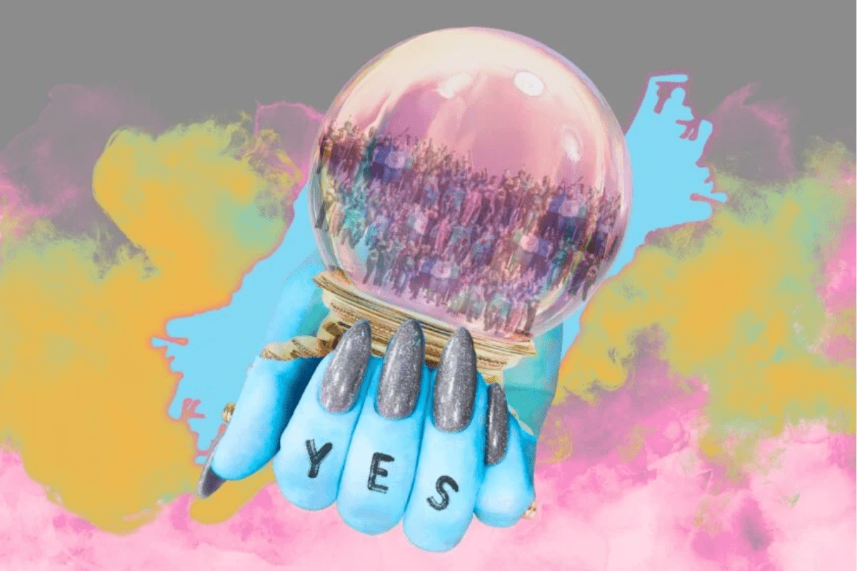 A digital illustration of a blue hand with glitter nails and "YES" written across the fingers, holding a crystal ball filled with a crowd of people, surrounded by pink, yellow, and blue clouds.