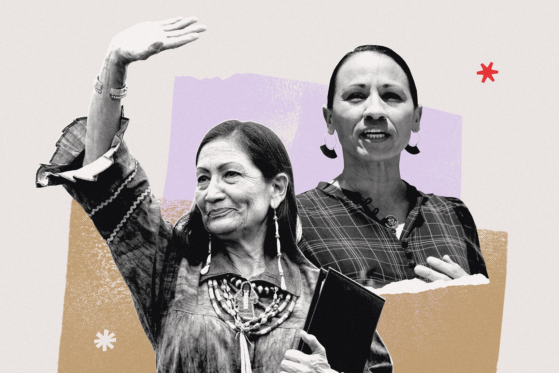 A Black and white collage of Sharice Davids and Deb Haaland speaking and waving, layered over purple and tan graphic shapes.