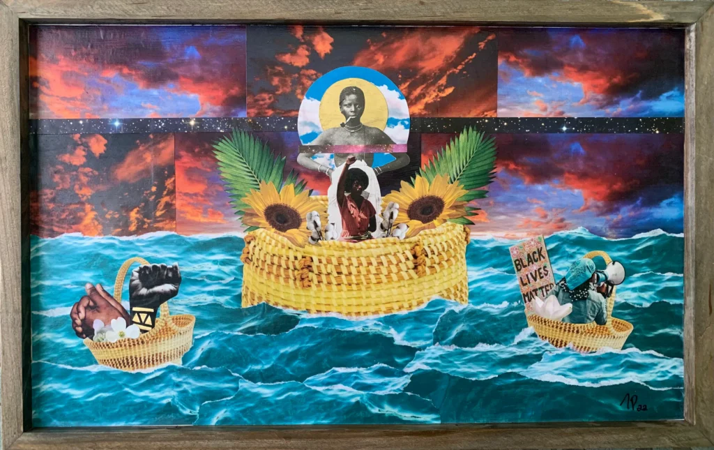 A collage of a woman floating in a basket in the ocean while two other basket float nearby. One basket contains black fists, the other a protester with a “Black Lives Matter” sign.