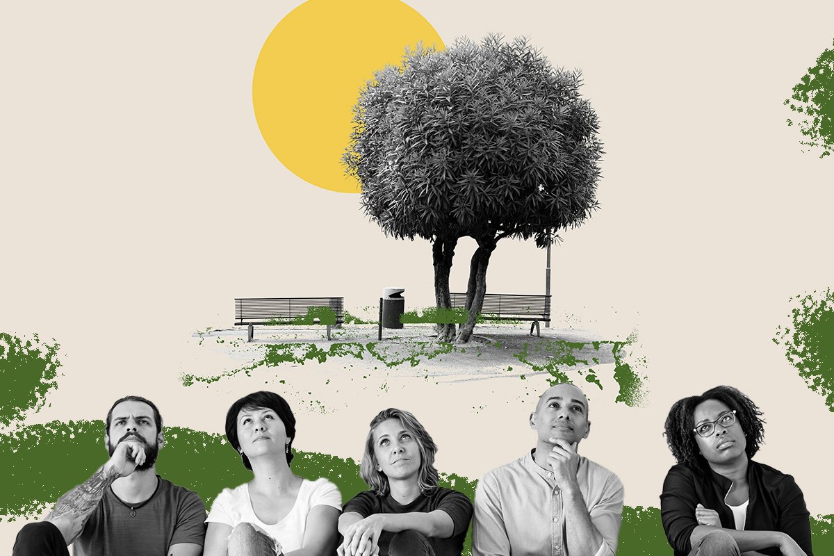 A photo collage of a group of diverse people sitting together and thinking with thoughtful looks on their faces. Above them, a tree stands between two park benches and the sun shines on the scene.