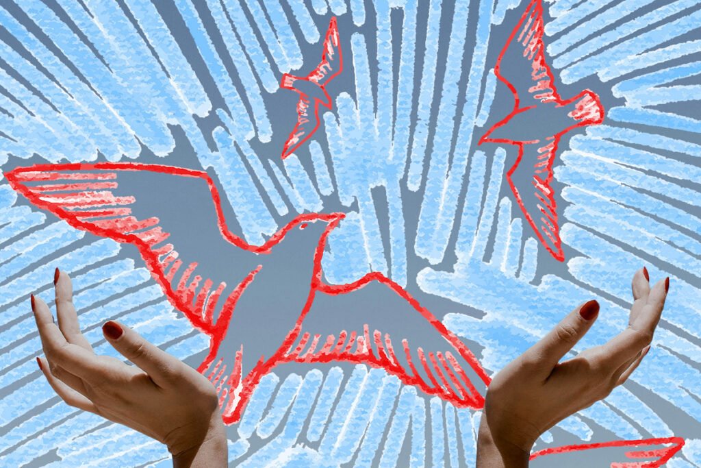 A composition featuring a photograph of hands opening into a drawing of flying birds in the sky.
