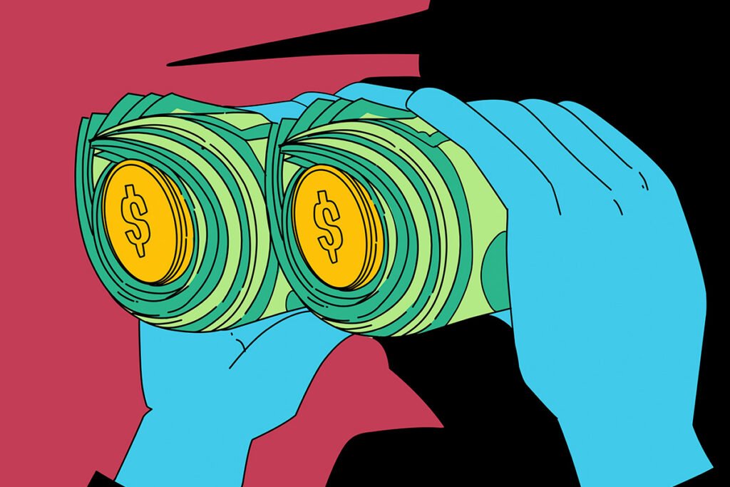 An illustration of a man whose face is obscured in a brimmed hat and trenchcoat, using a pair of binoculars. The binocular barrels are made of rolled up dollar bills, and the lenses are made of currency coins.