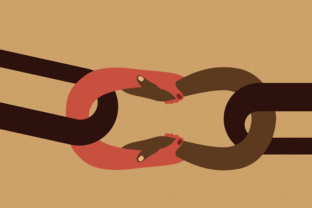 Illustration of a chain against a brown background. One of the links in the chain are two pairs of arms, one brown and one salmon-colored, grasping on to each other.