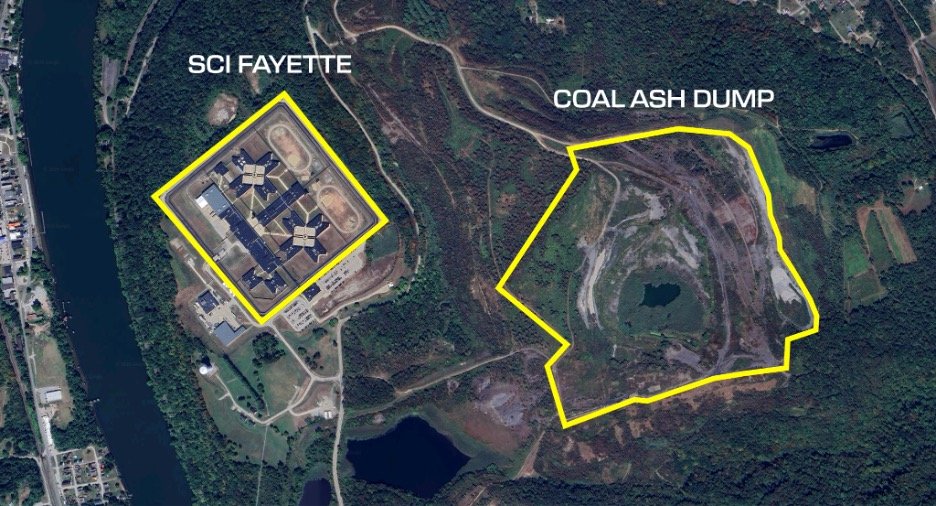 Satellite view of SCI Fayette and its proximity to a coal waste dump.