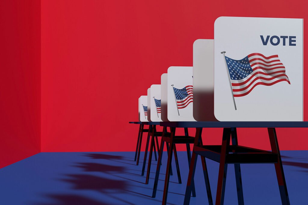 A digital render of a row of voting booths in a room with red walls and a blue floor.
