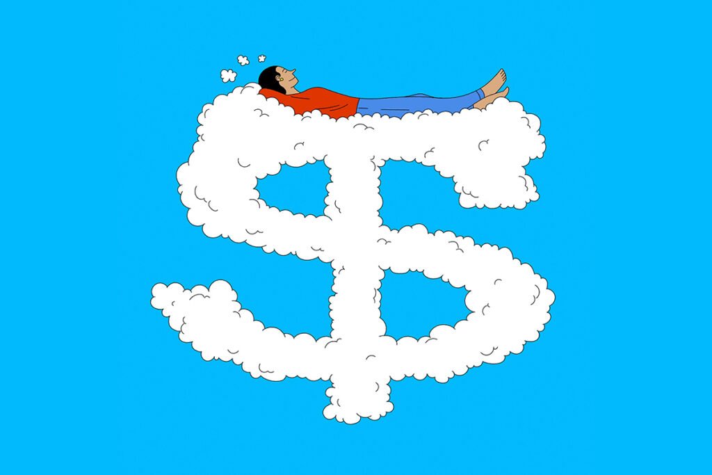 An illustration of a person sleeping in the sky on a cloud in the shape of a money sign.