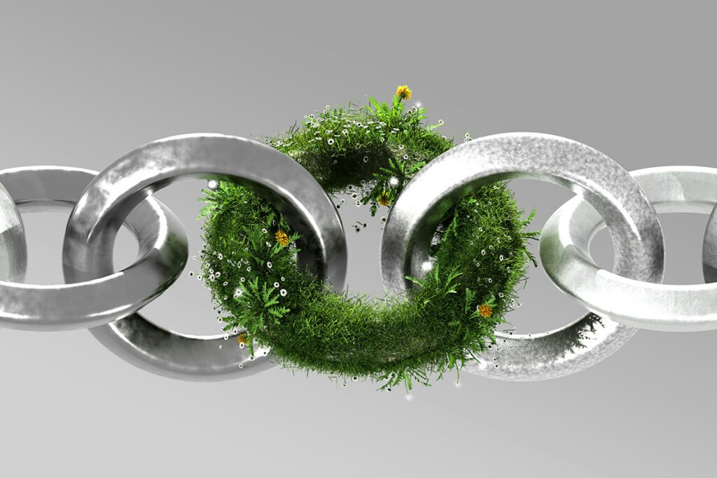A digital rendering of a chain of links with one of the links covered in grasses and flowers, symbolizing closed access to climate philanthropy.