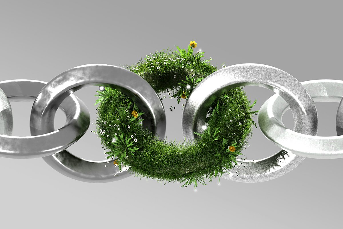A digital rendering of a chain of links with one of the links covered in grasses and flowers, symbolizing closed access to climate philanthropy.