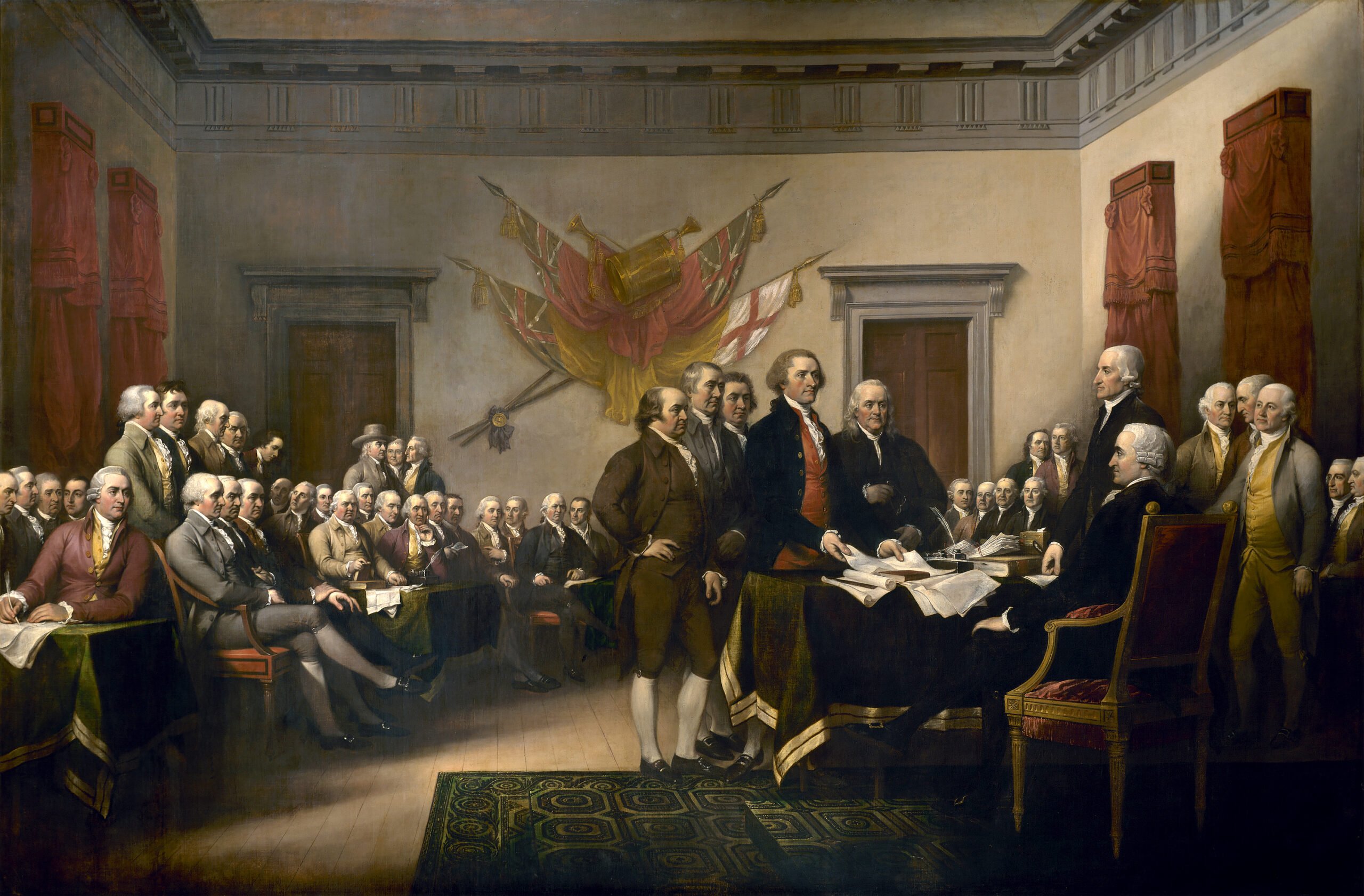 John Trumbull's 1819 painting, Declaration of Independence, depicts the five-man drafting committee of the Declaration of Independence presenting their work to the Second Continental Congress.