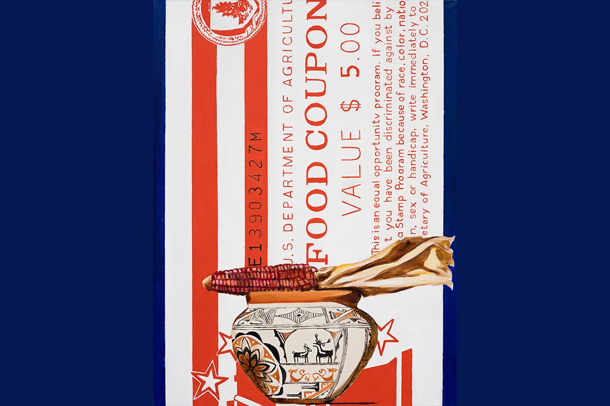 A painting of a painted, native Crow-style bowl with an ear of red maize perched on top. Behind this arrangement is a U.S. department of agriculture food coupon.