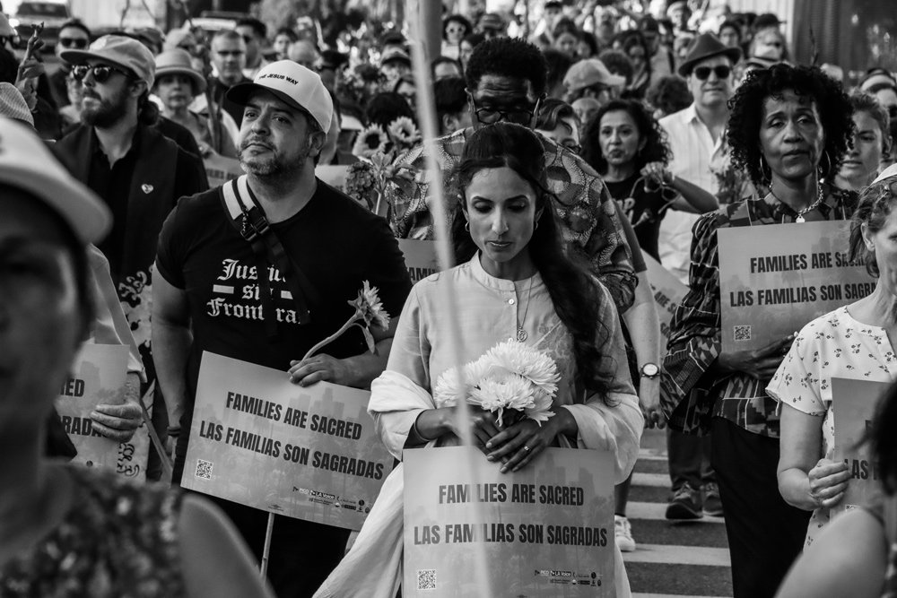 Faith leader Valarie Kaur leads the Faith Walk to the Federal Detention Building. June 2025.