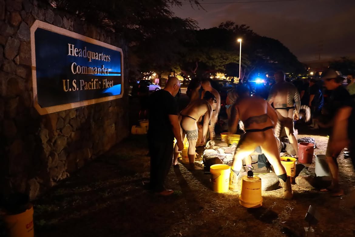 “We built a ko'a at the doorstep of the command headquarters of the US Pacific Fleet to dedicate a ceremonial place where our lahui & those who support the vitality of Hawaii's waters, can call upon our akua, aumãkua & kupuna to help restore life & full health back to Kapukaki.” Photography by Kanaiʻa Nakamura.