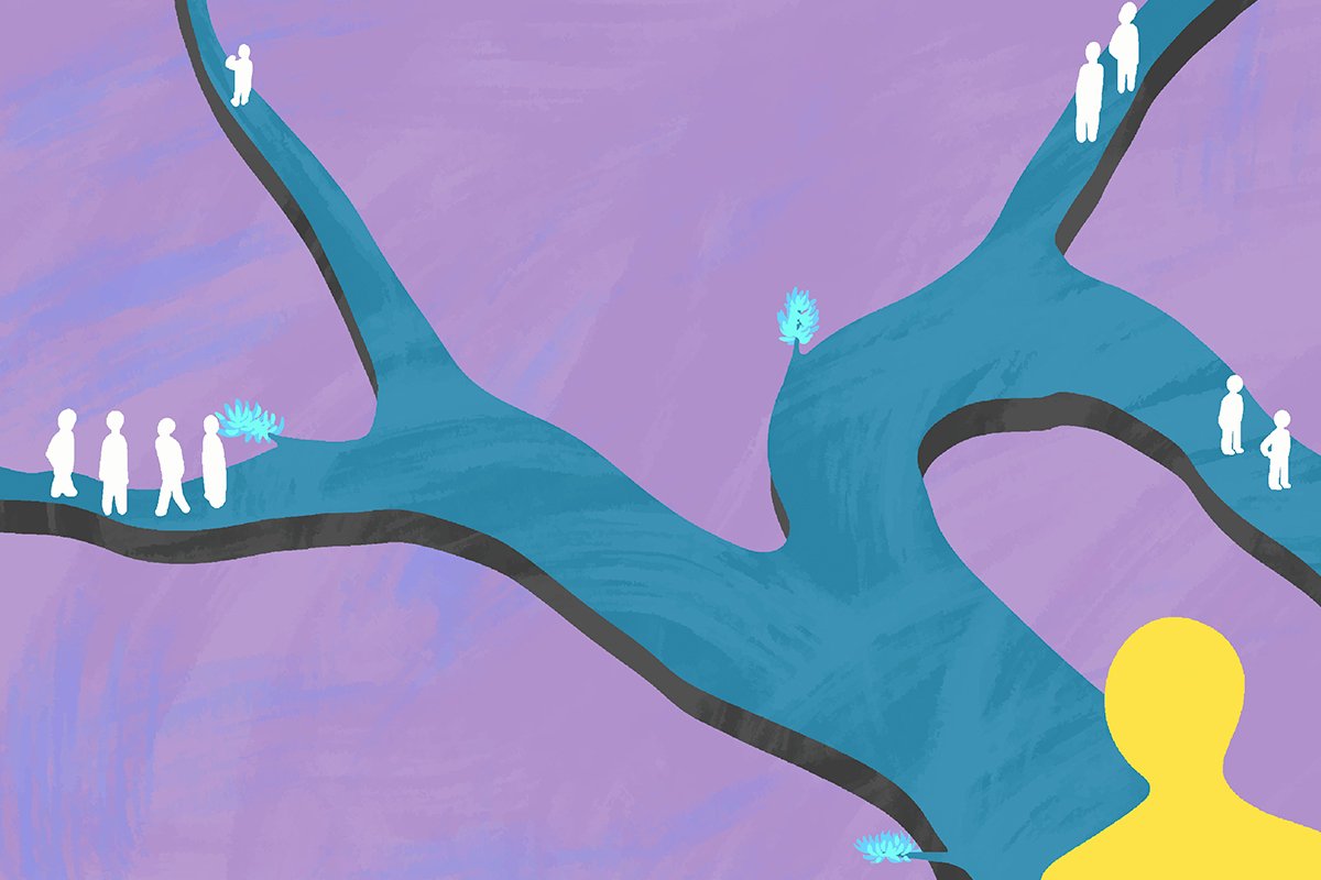 An illustration of a yellow figure overlooking a network of branching pathways with people walking along the different paths.