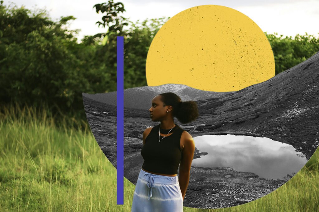 A digital photo collage of a Black woman with her head turned to the side. she stands in a field of grass, with a yellow sun and a swatch of ocean water behind her.