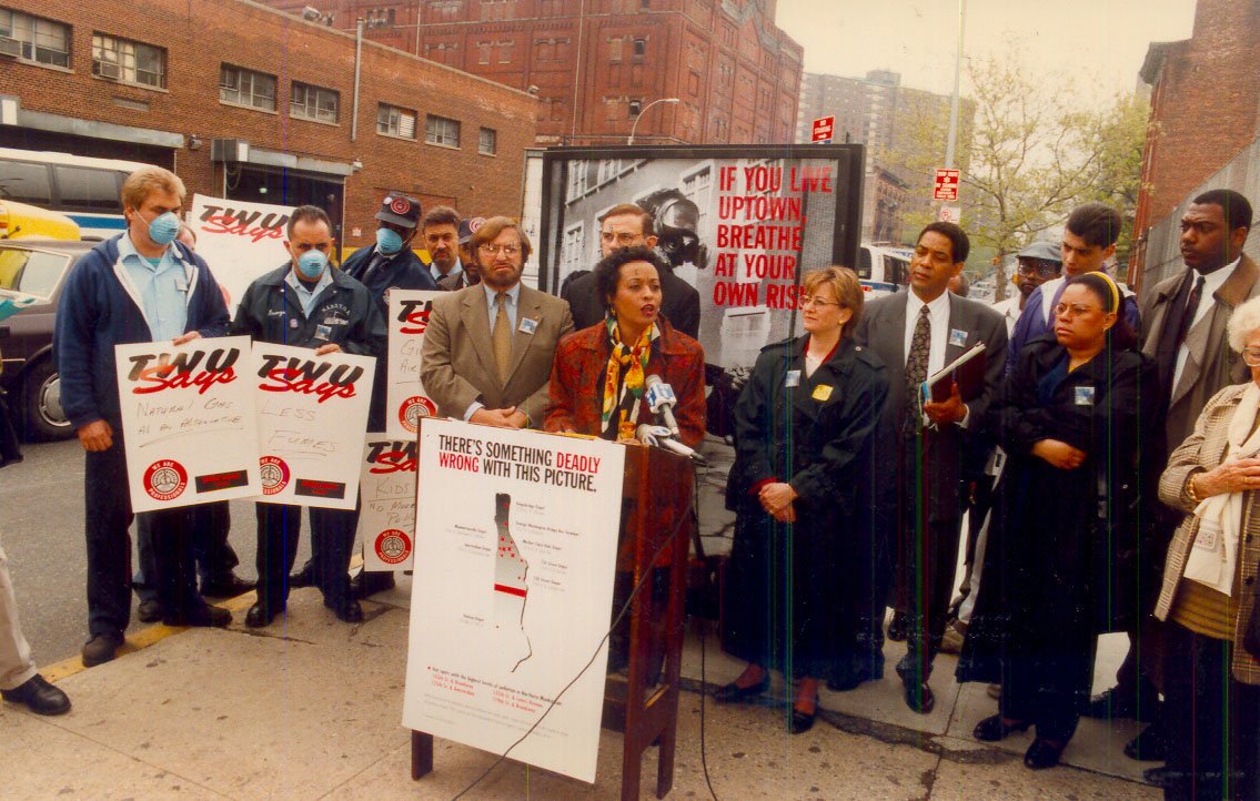 Peggy Shepard speaking at one of WE ACT's Dirty Diesel campaign rallies, urging the Metropolitan Transportation Authority to reduce bus emissions in Northern Manhattan.