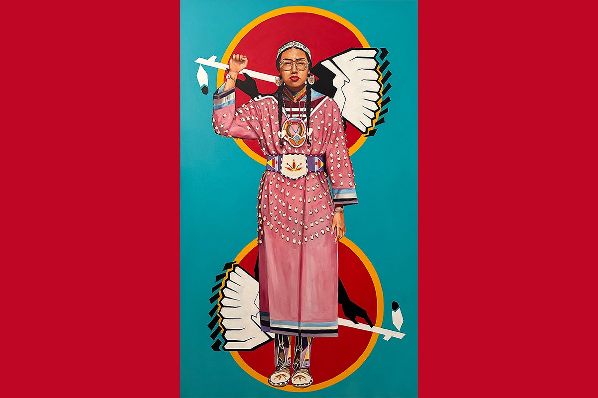 A painting of a woman with a serious expression on her face, as she wears traditional native Crow regalia. Behind her is an emblem of a Native American chief smoking ceremonial tobacco.