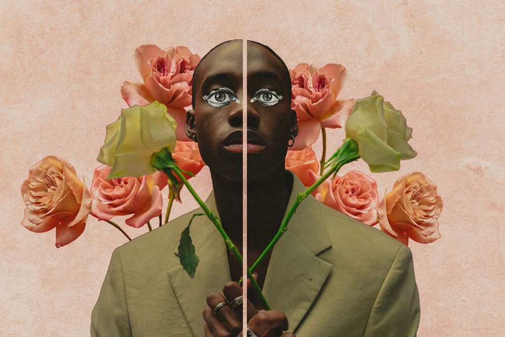 A photo collage of a Black man split down the middle by a slim gap. His eyes are pasted over with large black and white eyes from another image. Flowers bloom behind him.