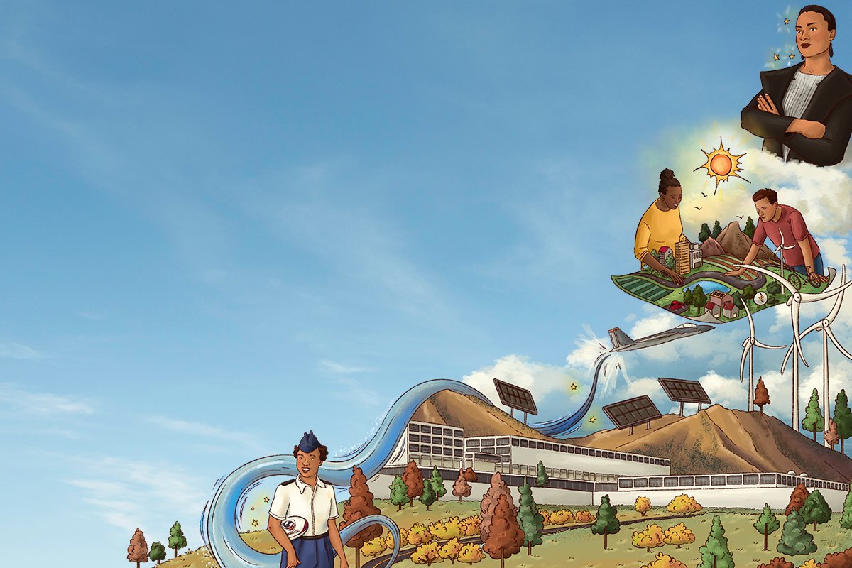 An illustration of people planning and consulting over green fields, with solar panels and wind turbines surrounding a dirt-exposed hill.