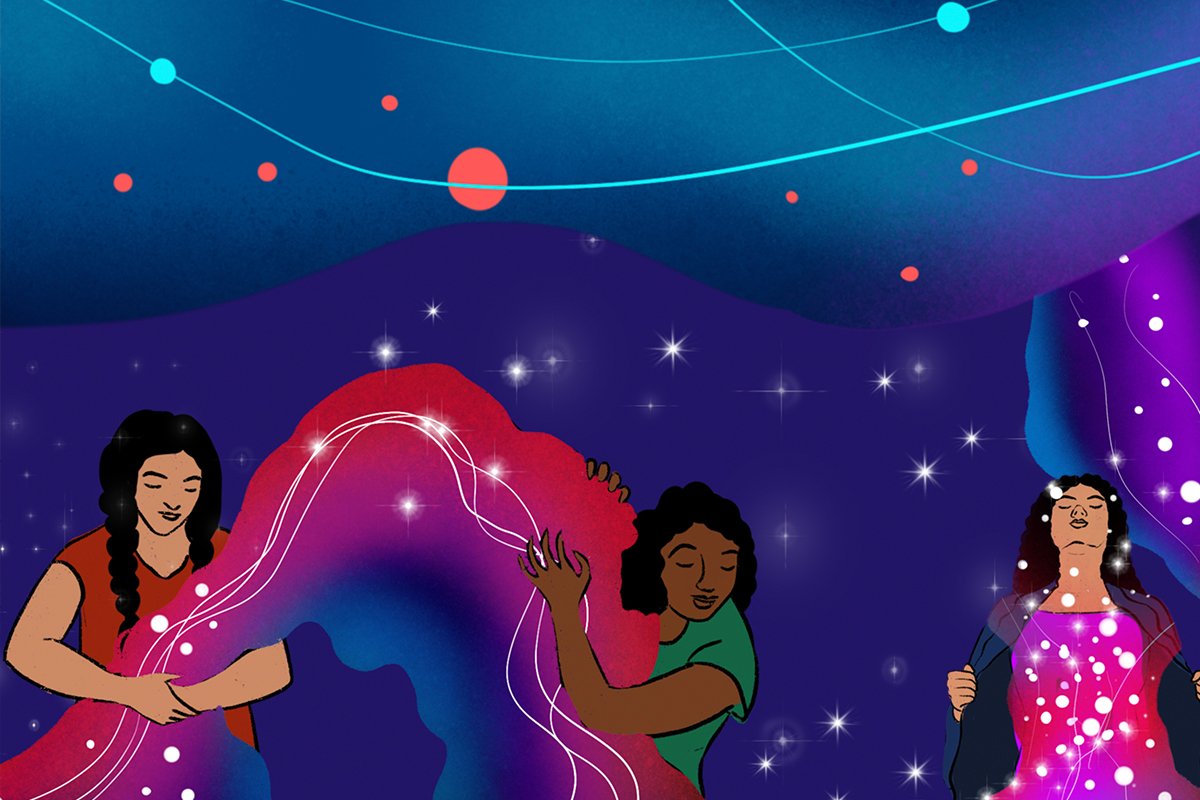 An illustration of two girls holding onto a dreamy pink and purple cloud arc against a galactic background with stars and planets. Another girl opens her jacket to reveal a cluster of white stars against a pink shirt.