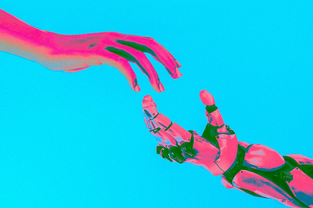 A pink and teal colorized film negative of a human head hovering over a robot hand.