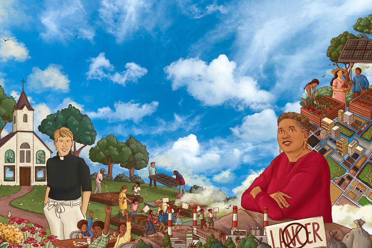 An illustration of two women: a blonde woman wearing a clerical shirt and standing in front of a church, while people tend to the gardens in front of the church. The other woman is a Black woman with cropped hair standing with her arms crossed. Around her are people tending to community gardens and seated at a table enjoying a meal.