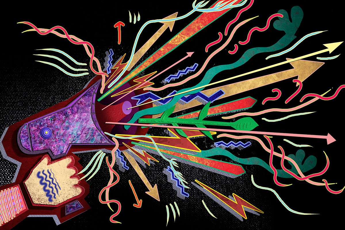 A colorful illustration of a hand holding a megaphone with many colored arrows, lines, and squiggles emerging from the megaphone.