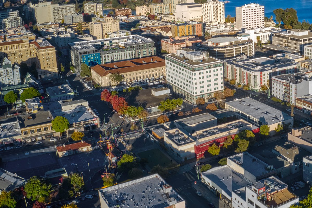Aerial View of Downtown Oakland, California, showing neighborhood homes and buidings.